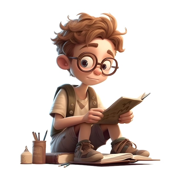 3D-рендеринг милого мальчика, читающего книгу, изолированную на белом фоне