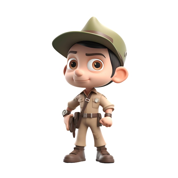 3D rendering of a cute boy wearing safari outfit on white background