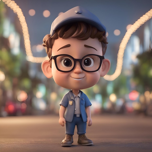 Photo 3d rendering of a cute boy with glasses and cap standing in the street