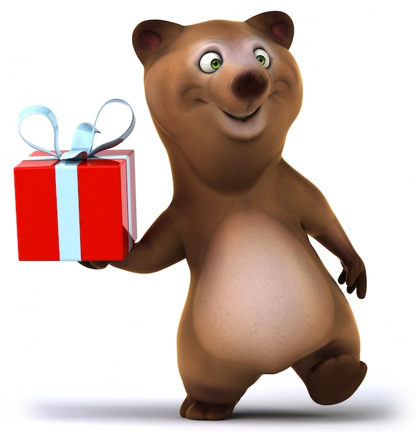 3D rendering of cute brown bear with gift box