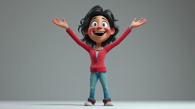 Photo 3d rendering of a cute cartoon boy with black hair and blue eyes he is wearing a red sweater blue jeans and red sneakers