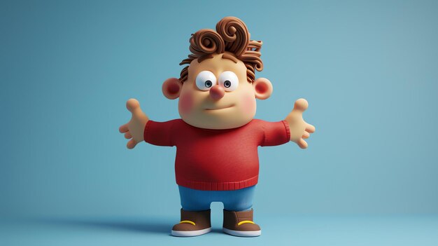 3D rendering of a cute cartoon boy with brown hair and blue eyes He is wearing a red sweater and blue pants