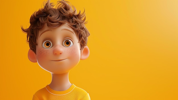 3Dレンダリングで茶色のと斑点の可愛い漫画の男の子彼は笑顔でカメラを見ています男の子は黄色いシャツを着ています