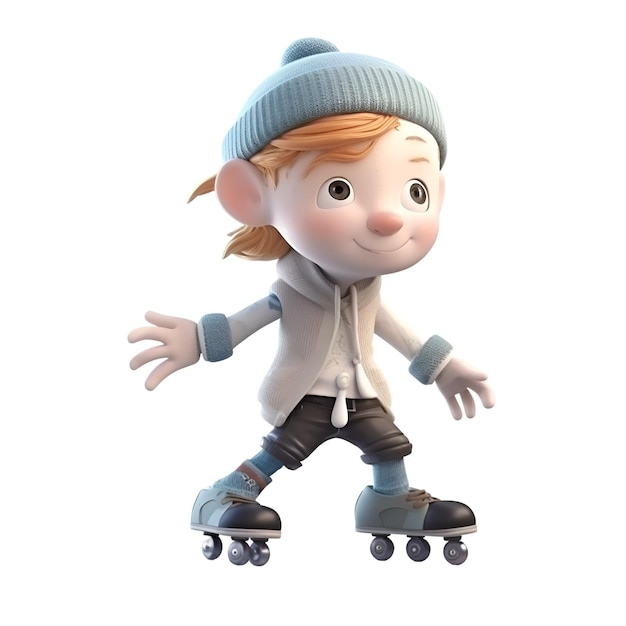 롤러 스케이트를 탄 귀여운 만화 캐릭터의 3D 렌더링