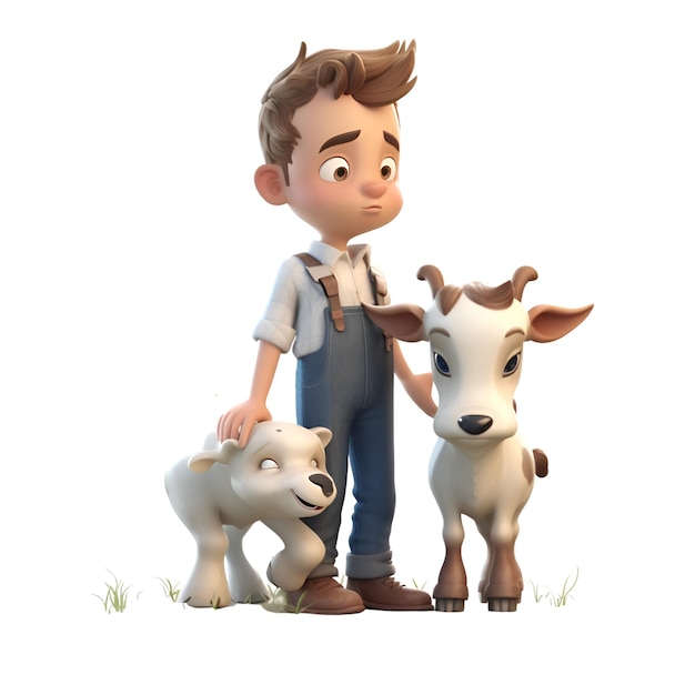 3D-рендеринг милого мультяшного персонажа с коровой и теленком