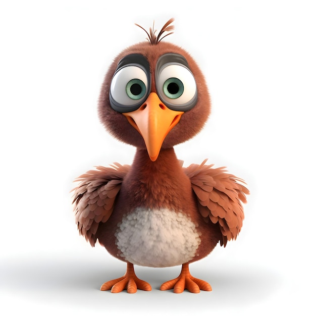 3D-рендеринг милой мультфильмовой утки с большими глазами и перьями