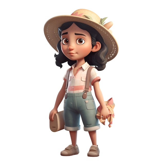 3D rendering of a cute cartoon farmer girl isolated on white background