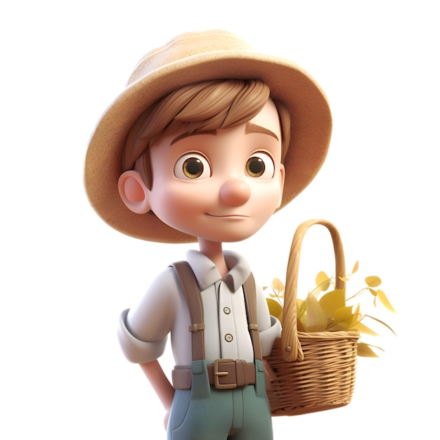 3D rendering of a cute cartoon farmer with a basket of corn