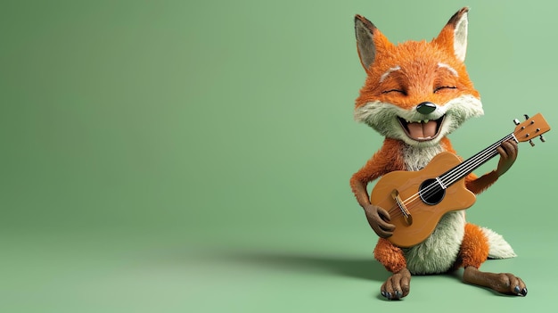 Photo 3d rendering of a cute cartoon fox playing the guitar the fox is sitting on a green background and has a happy expression on its face