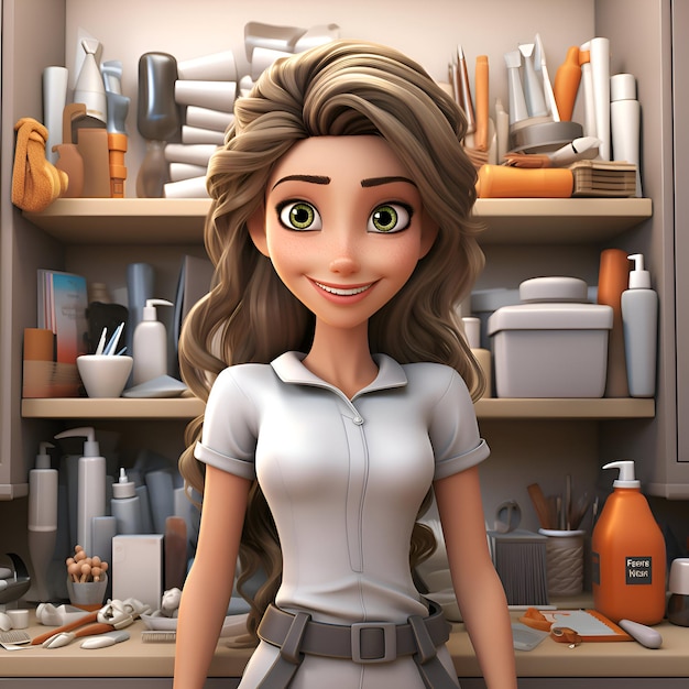 3D rendering of a cute cartoon girl in a beauty salon