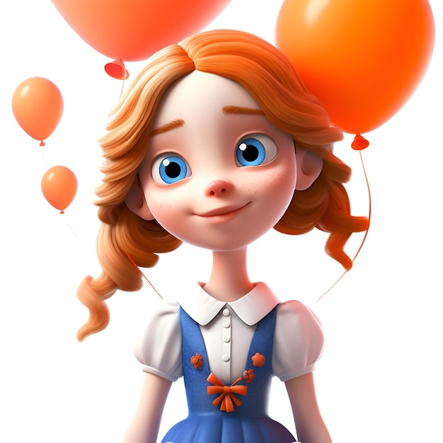 3D rendering of a cute cartoon girl in dirndl with balloons