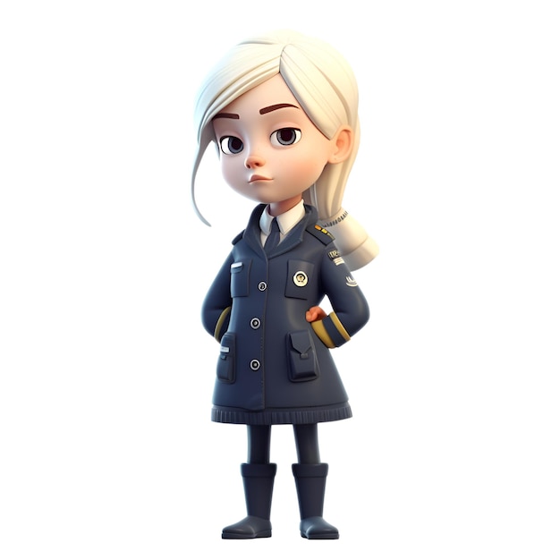 3D rendering of a cute cartoon girl in a military uniform
