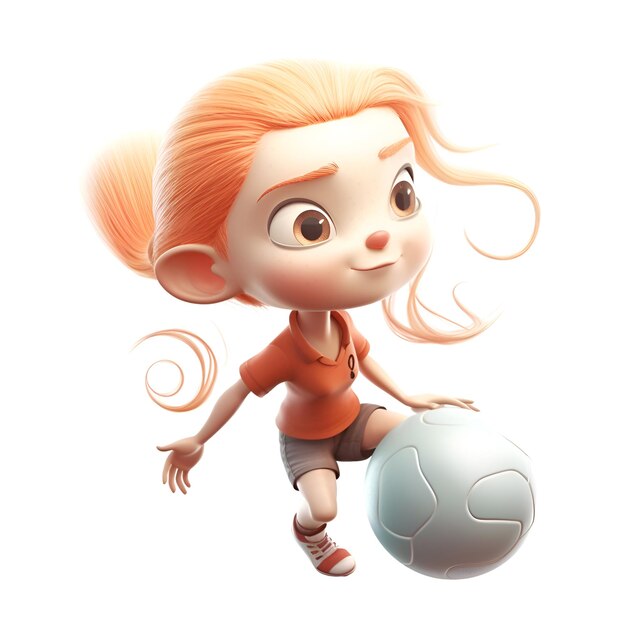 3D rendering of a cute cartoon girl playing soccer isolated on white background