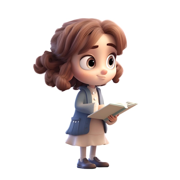 3D-рендеринг милой девушки из мультфильма, читающей книгу, изолированную на белом фоне