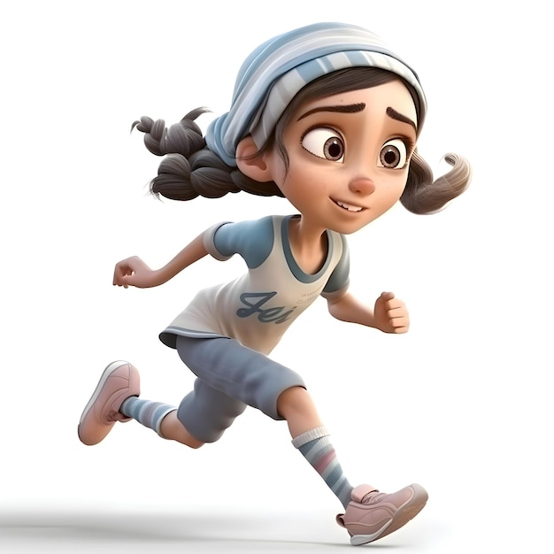 3D rendering of a cute cartoon girl running isolated on white background