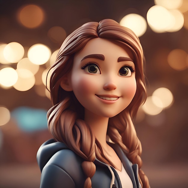 Foto rendering 3d di una simpatica ragazza dei cartoni animati in un centro commerciale