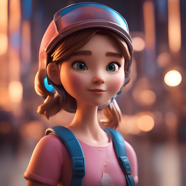 3d rendering of a cute cartoon girl wearing a helmet and backpack