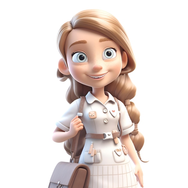 3D rendering of a cute cartoon girl with a backpackisolated on white background