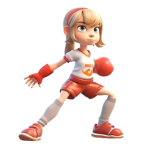 3D rendering of a cute cartoon girl with boxing gloves isolated on white background