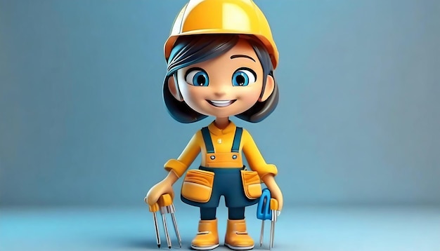 3D rendering of a cute cartoon girl with electrician's tools