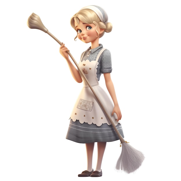 3D rendering of a cute cartoon maid with a broom isolated on white background