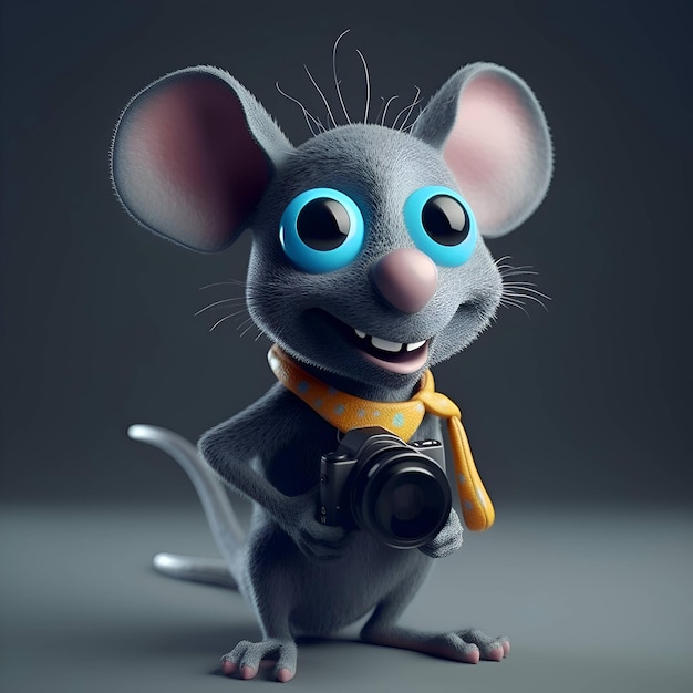 3d rendering of a cute cartoon mouse with a camera on a gray background