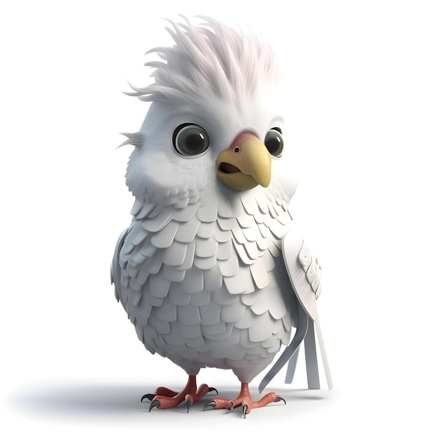 흰색 배경에 격리된 도구로 귀여운 만화 앵무새의 3D 렌더링