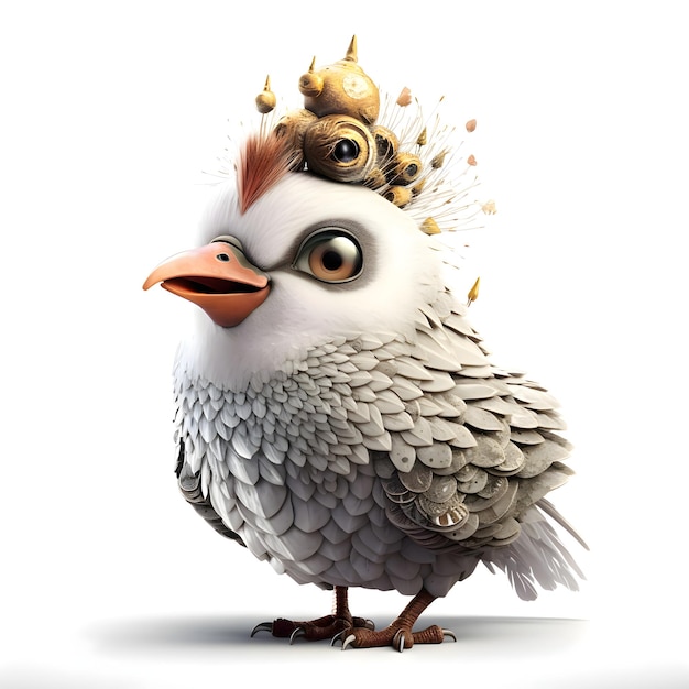 3D rendering of a cute cartoon quail with a crown on his head