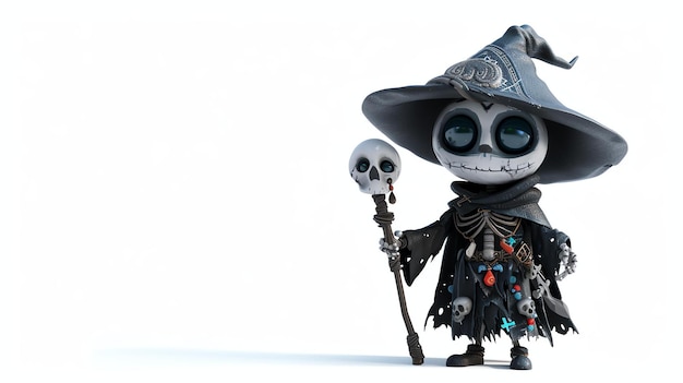 3D-рендеринг милого волшебника-скелета из мультфильма Волшебник носит черную шляпу и халат и держит череп на палке
