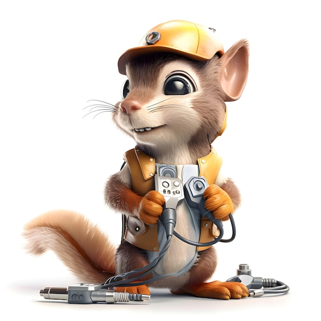 Photo 3d rendering of a cute cartoon squirrel construction worker wearing a helmet and holding a spanner