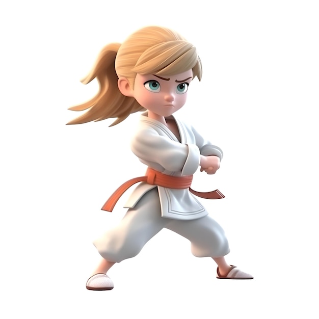 3D rendering of a cute cartoon taekwondo girl isolated on white background