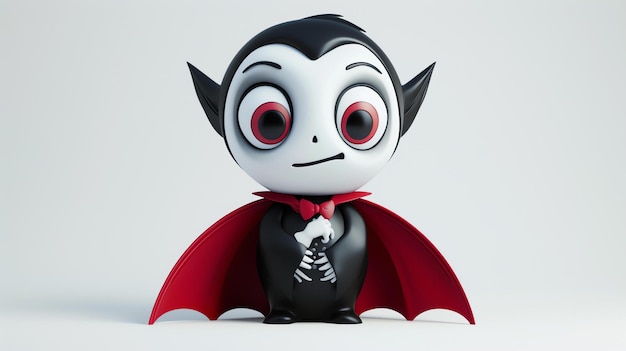 3D-рендеринг милого вампира из мультфильма Вампир носит красную плащ и имеет удивленное выражение лица