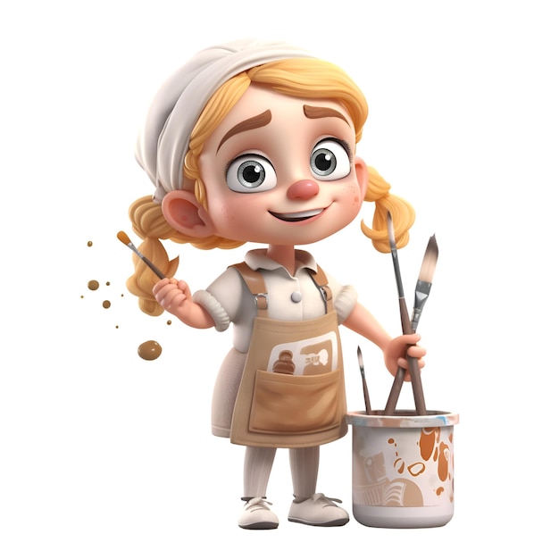 3d rendering of a cute chef with paintbrush and paint can