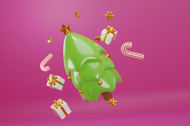 3D Rendering cute Christmas tree cartoon floating with gift box Christmas ball and candy cane