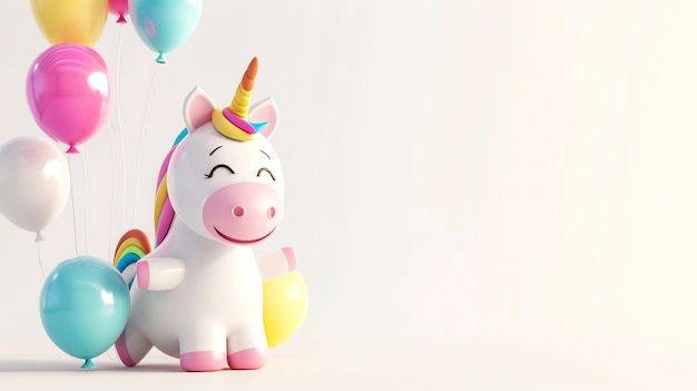 3D rendering of a cute and colorful unicorn The unicorn is standing on a white background and is surrounded by balloons