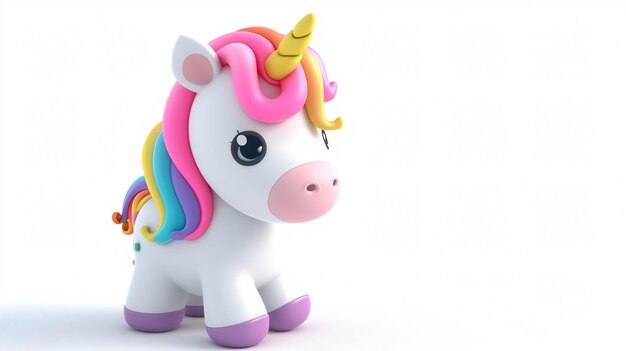 3D rendering of a cute and colorful unicorn The unicorn is standing on a white background and looking at the camera