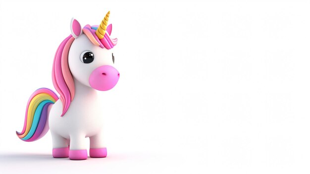 3D rendering of a cute and colorful unicorn The unicorn is standing on a white background and looking to the left of the frame