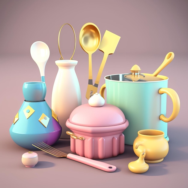 3D rendering cute cooking ware with high details