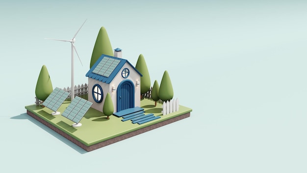 3d rendering of a cute cozy ecohouse with solar panels and a wind turbine