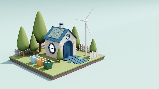 3d rendering of a cute cozy ecohouse with solar panels and a wind turbine