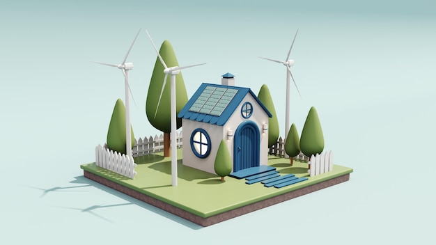3d rendering of a cute cozy ecohouse with solar panels and a wind turbine