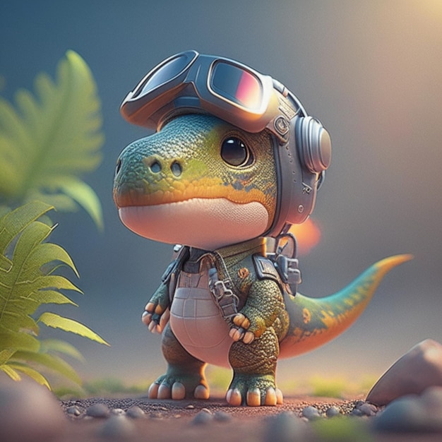 3D rendering of a cute dinosaur wearing a virtual reality headset