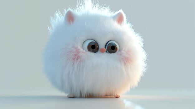 Photo 3d rendering of a cute and fluffy white creature with big eyes and a pink nose it is standing on a white surface against a pale blue background