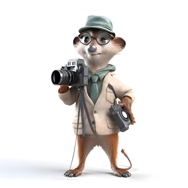 3D rendering of a cute fox with a camera isolated on white background