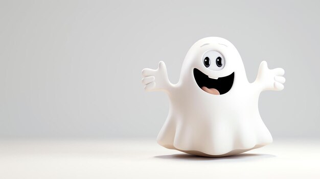 3D rendering of a cute and friendly ghost The ghost is white and has a happy expression on its face