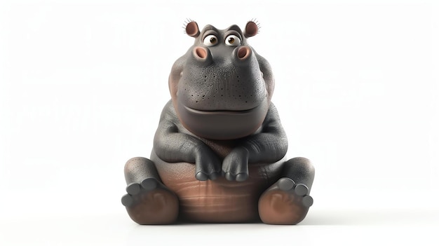 3D rendering of a cute and friendly hippopotamus sitting on a white background The hippo has a big smile on its face and is looking at the camera