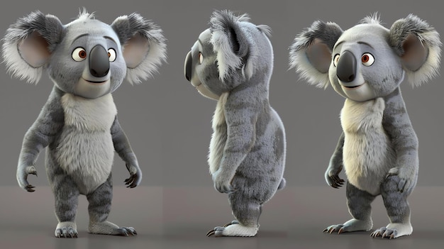 Foto rendering 3d di un koala carino e amichevole il koala ha un pelo grigio chiaro con una pancia bianca e orecchie nere