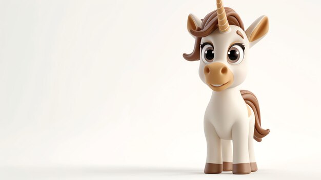 3D rendering of a cute and friendly unicorn The unicorn is standing on a white background and looking at the camera