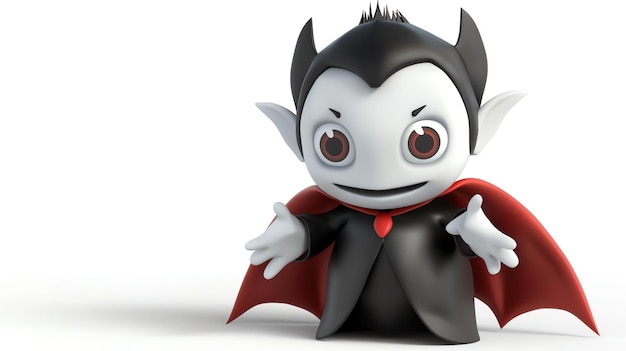3D-рендеринг милого и дружелюбного вампира Вампир носит черную плащ и имеет красные глаза
