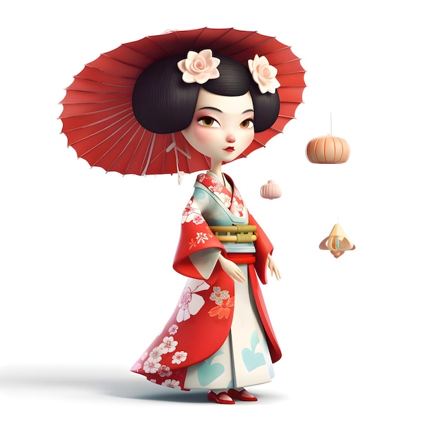 3d rendering of a cute geisha wearing a kimono